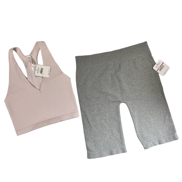 Free People Other - NWT Free People Bundle Seamless Ribbed Shorts Grey & Throw Crop Tank Pink Pearl